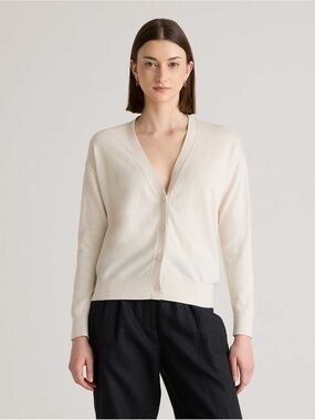Quince Cotton Cashmere V-Neck Cardigan Beige Small